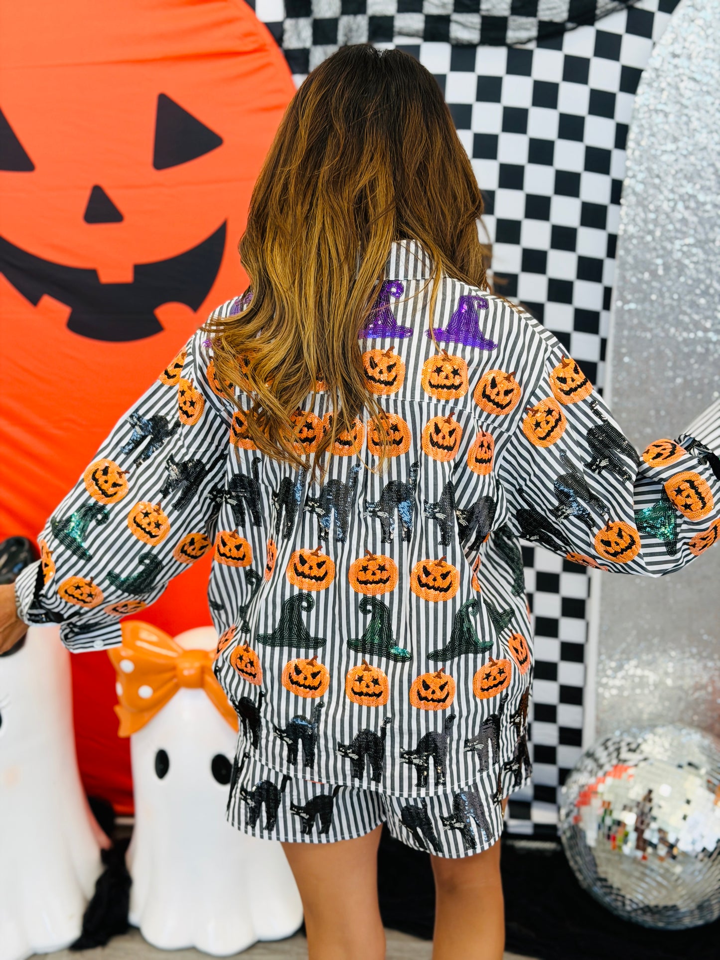 Queen Of Sparkles Black & White Striped Halloween Icon Button Up Top (Reg. and Plus)