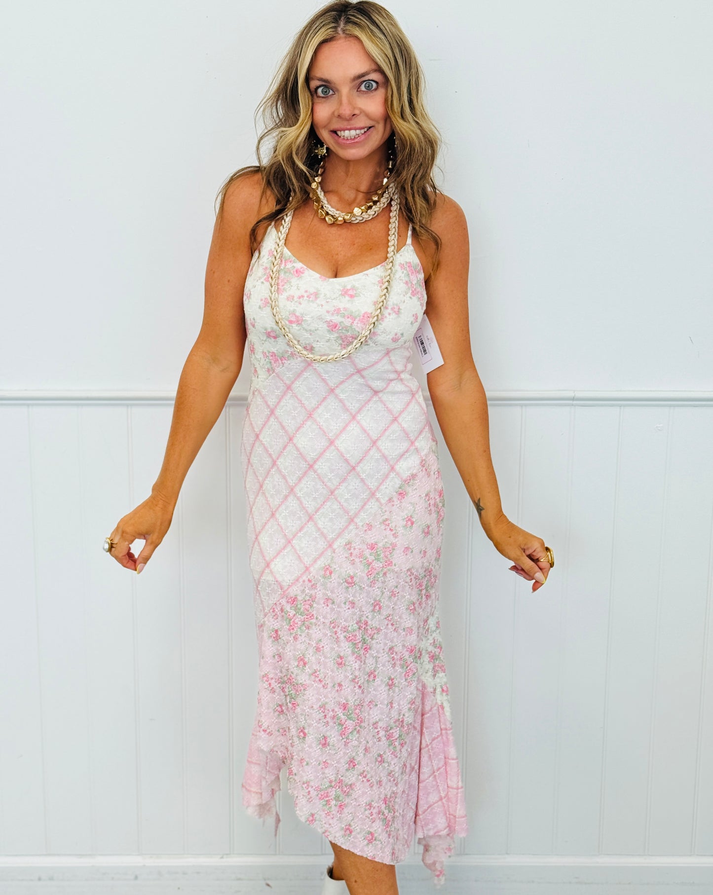 Pink/Ivory Bias Plaid & Floral Midi Dress (Reg.)