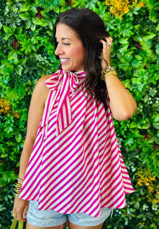 Pink Stripe Shoulder Bow Tie Blouse (Reg.)