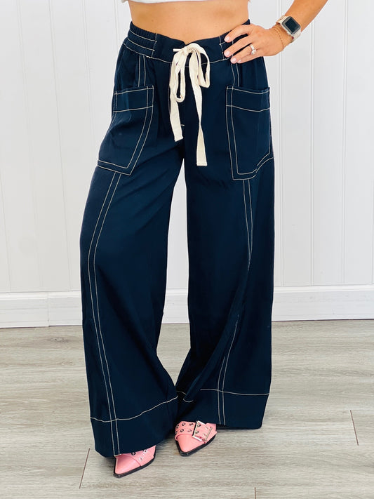Navy Contrast Stitch Detailing Pants (Reg.)