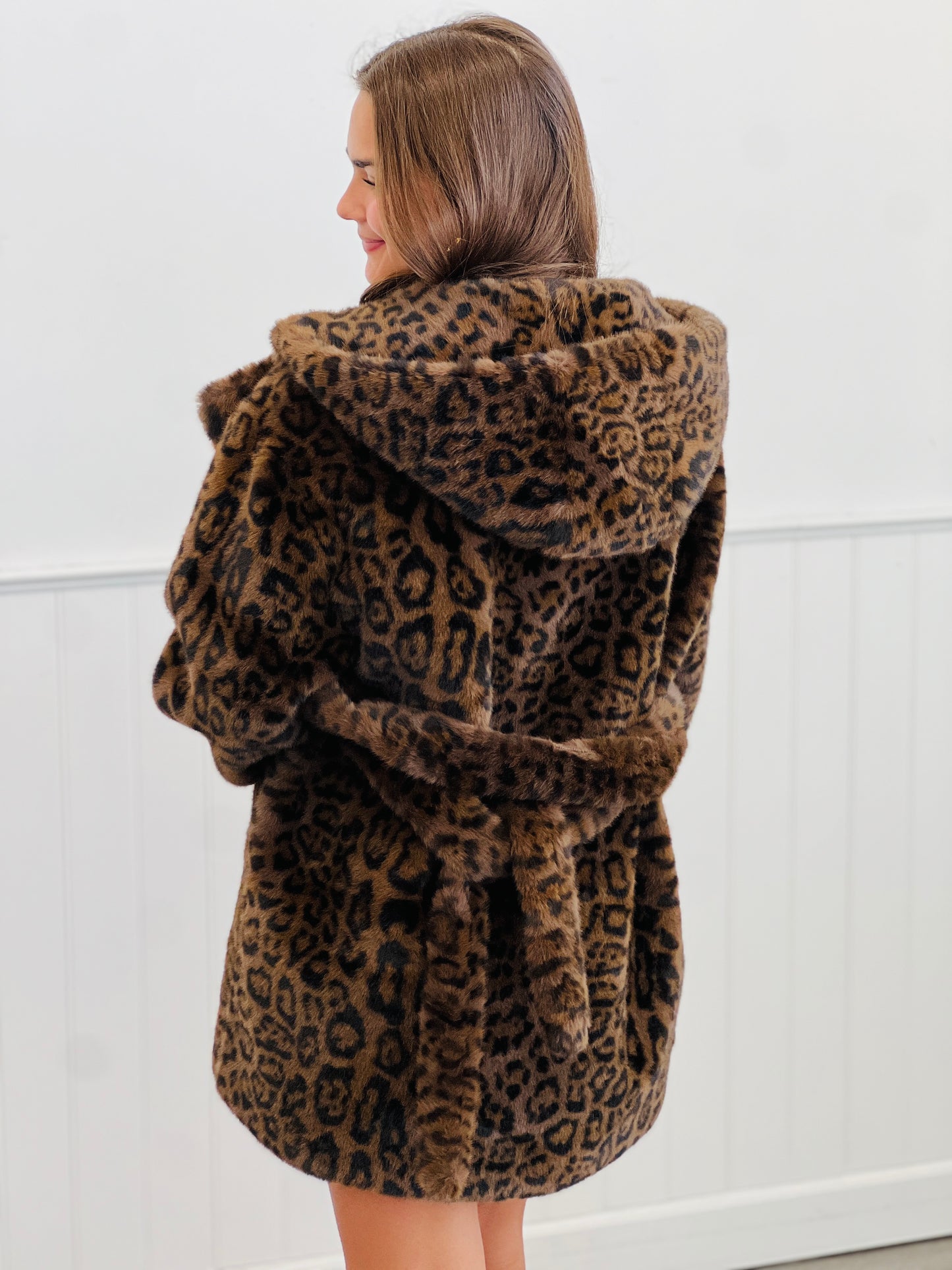 Dark Brown Leopard Faux Fur Hooded Coat (Reg & Plus)
