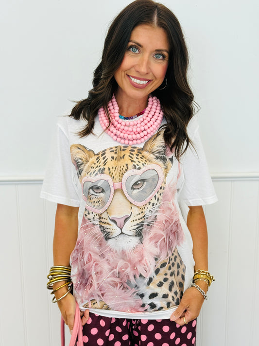 Leopard Love Heart Glasses Bling Tee (Reg. and Plus)