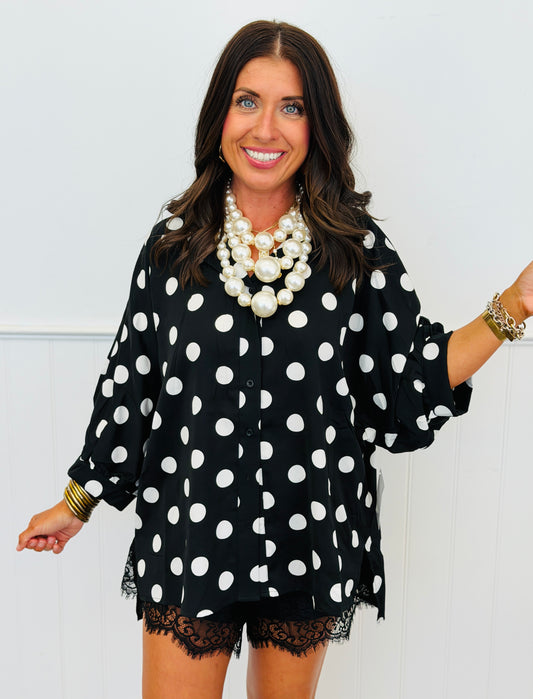 After Dark Polka Dot Sloane Button Up Top (Reg. and Plus)