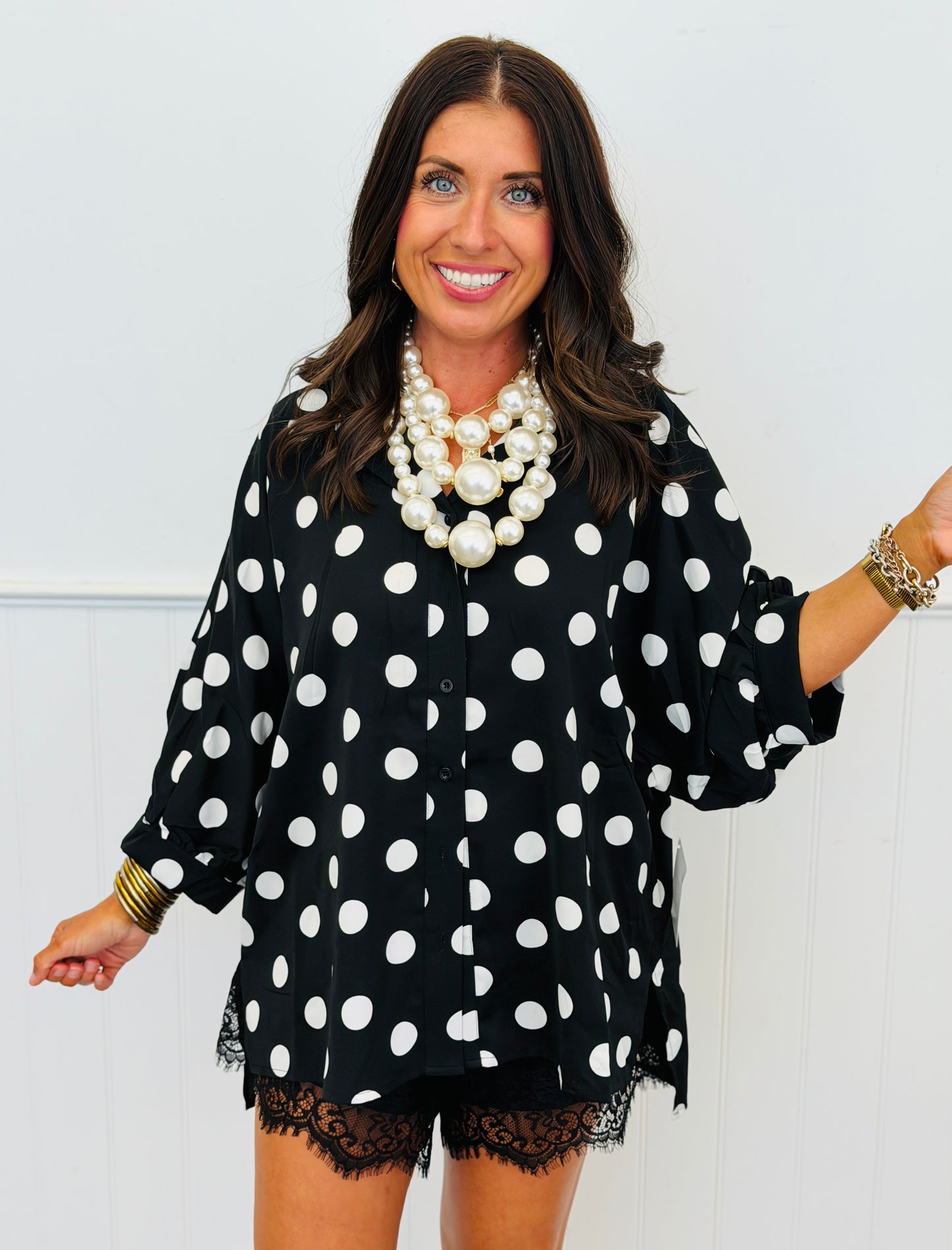 After Dark Polka Dot Sloane Button Up Top (Reg. and Plus)