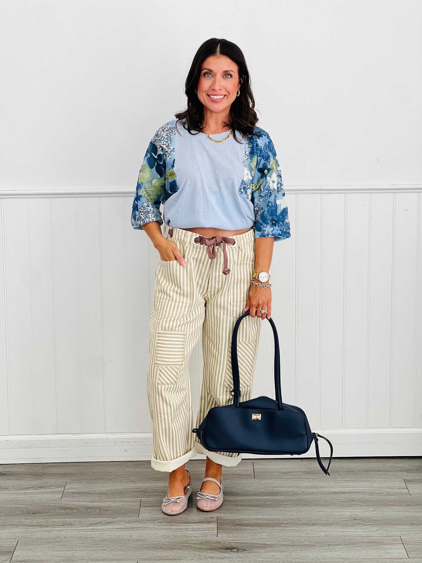 Lt Blue Sequined Floral Mesh Sleeve Top (Reg & Plus)