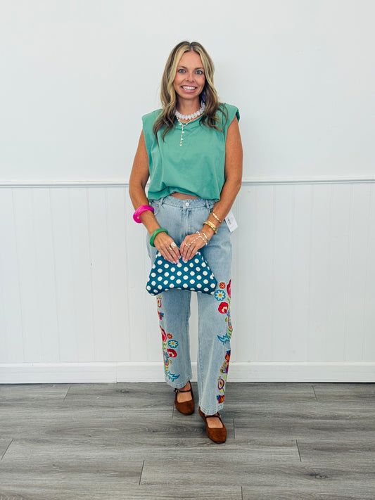 Washed Denim Floral Embroidered Pants (Reg.)
