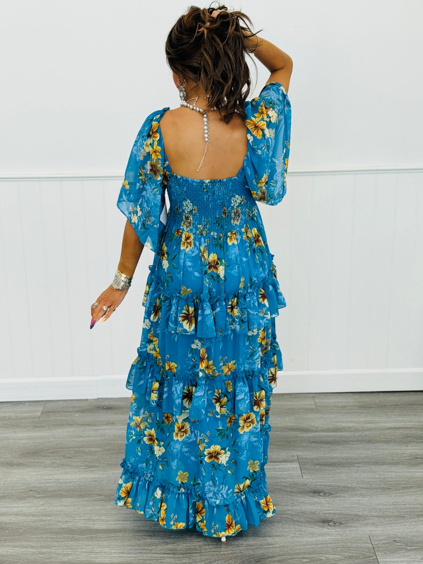 Jade Blue Floral Chiffon Maxi Dress (Reg & Plus)
