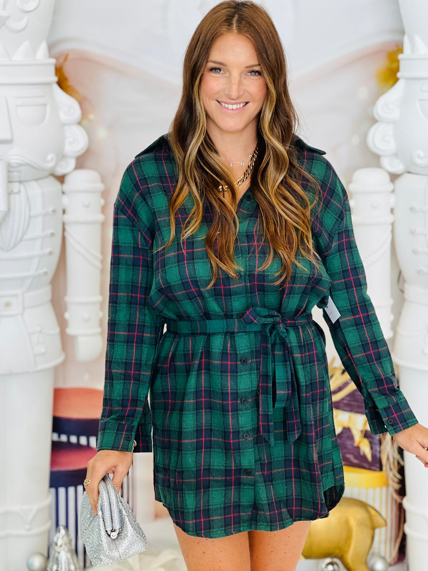 Green Flannel Button Up Mini Dress (Reg. and Plus)