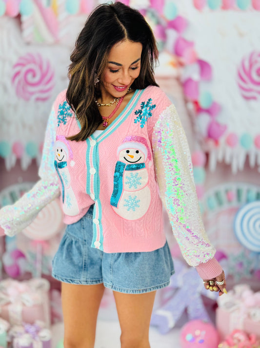 Pink Snowman Sequin Sleeve Cardigan (Reg. and Plus)