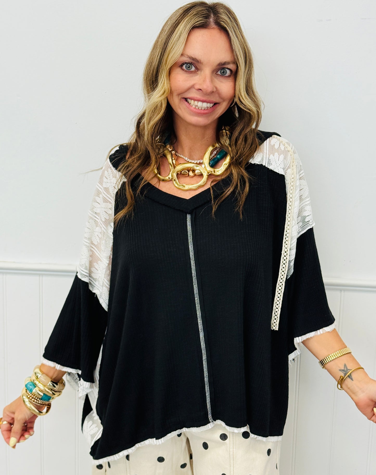 POL Black Ribbed Knit & Lace Hoodie Top (Reg.)