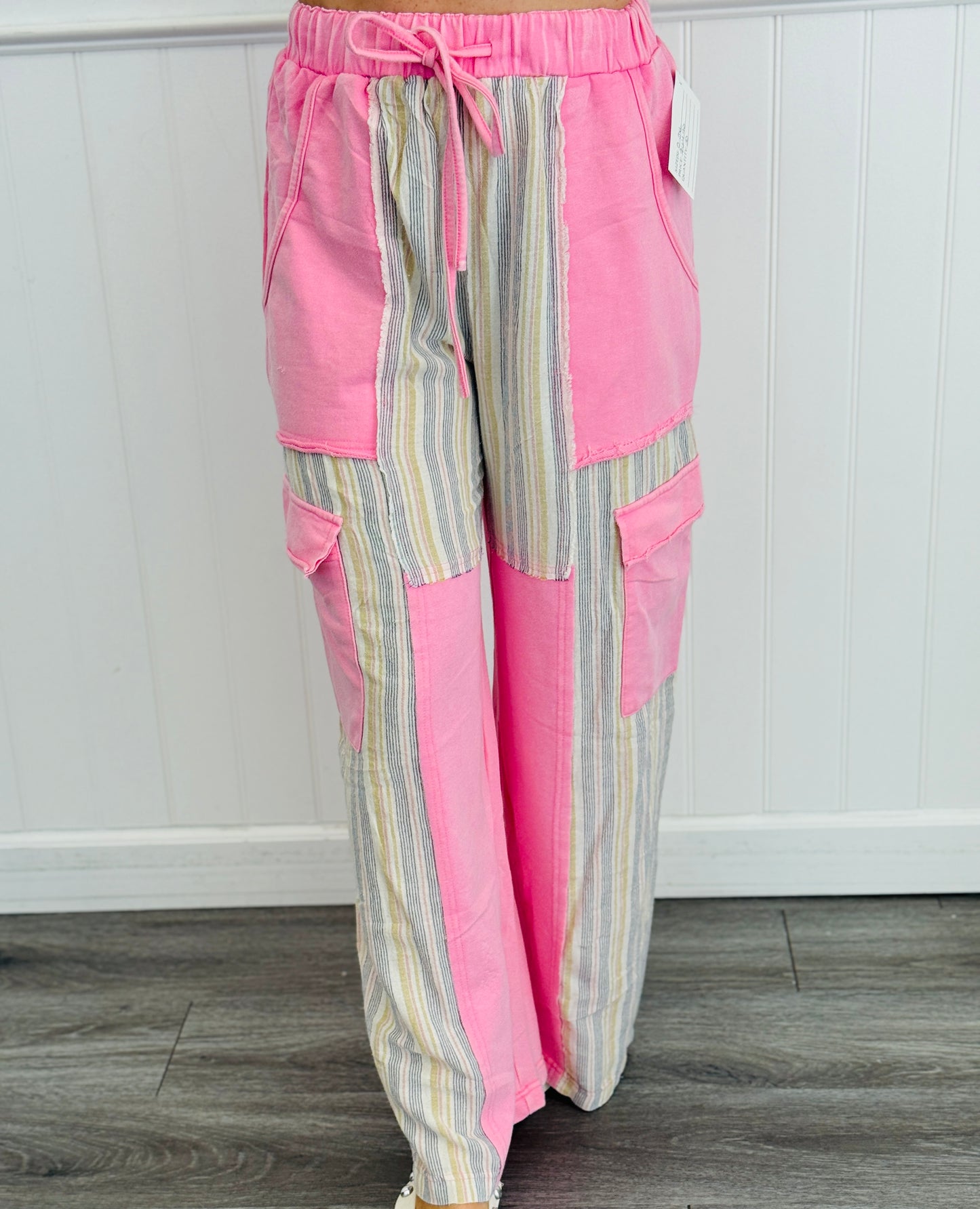Pink Acid Washed Contrast Stripe Pants (Reg & Plus)