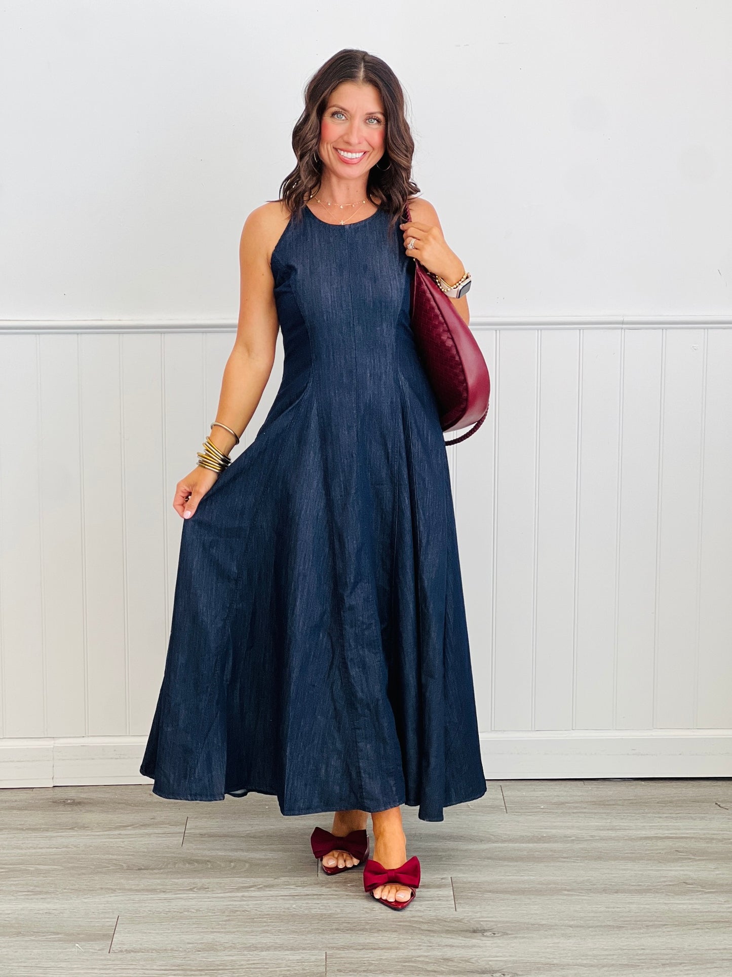 Denim Panel Flare Midi Dress (Reg & Plus)