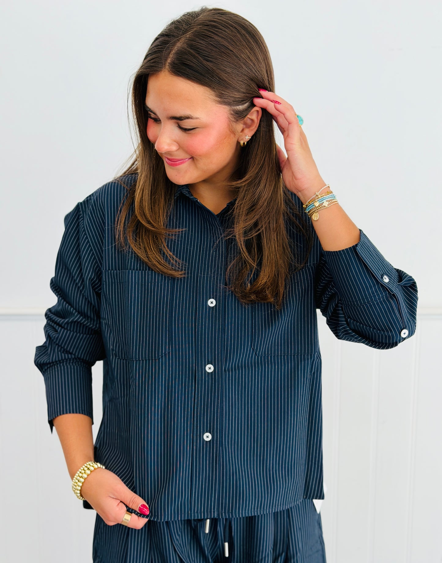 Navy Striped Button Up Pocket Blouse (Reg & Plus)