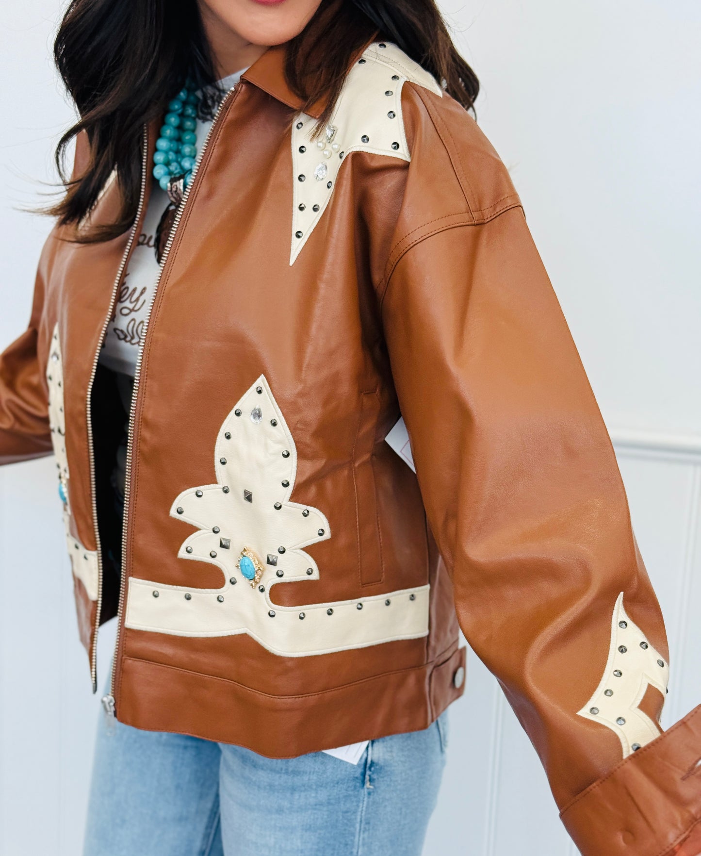 Sienna Brown Faux Leather Studded Jacket (Reg.)