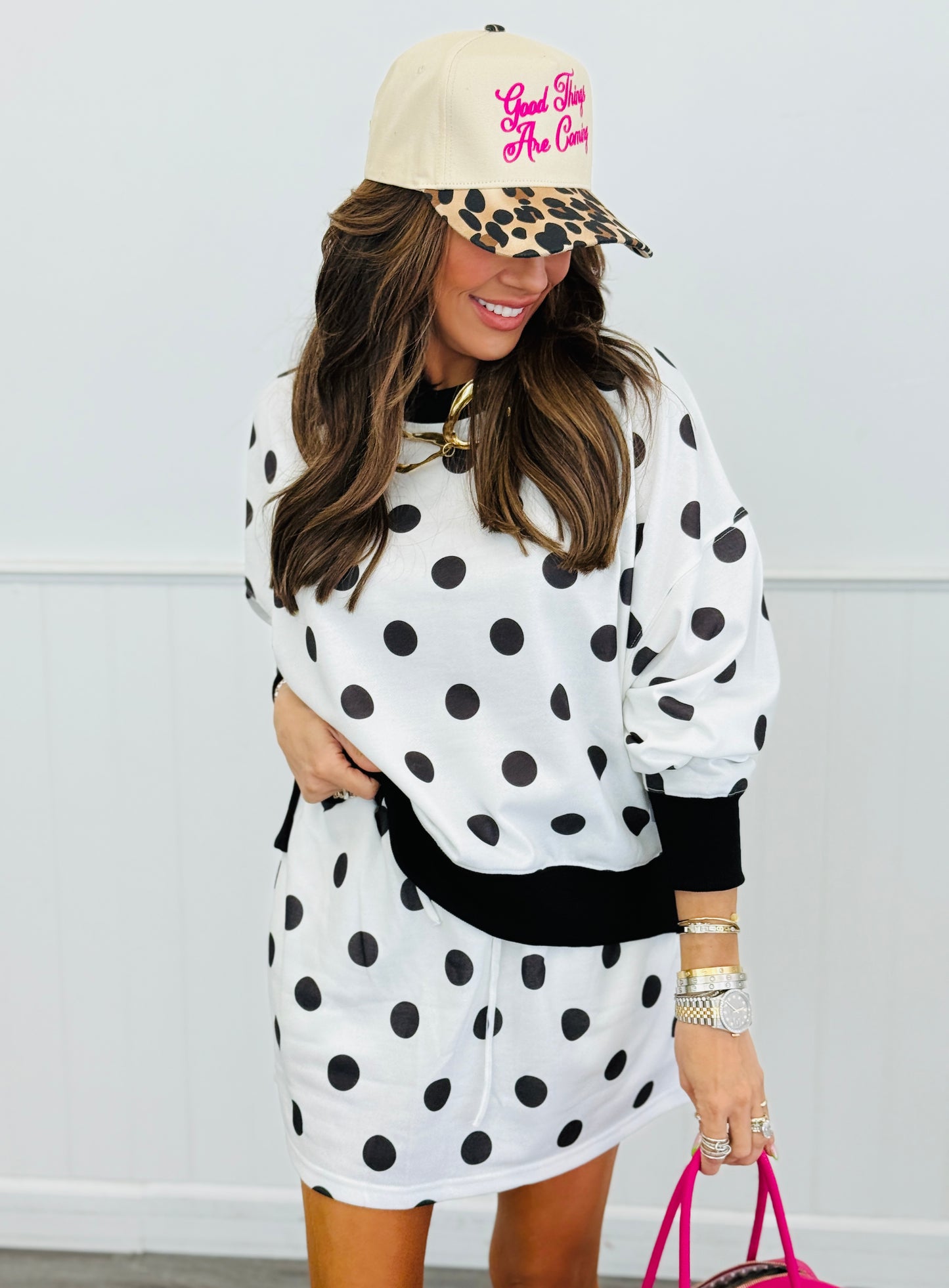 Black/White Polka Dot Printed Terry Skort Set (Reg. and Plus)
