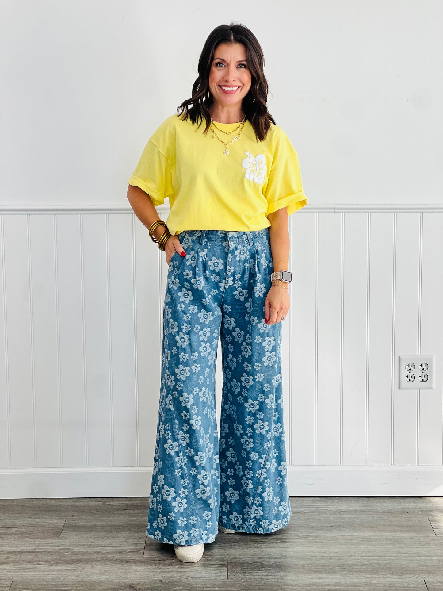 Denim Floral Wide Leg Jeans (Reg.)