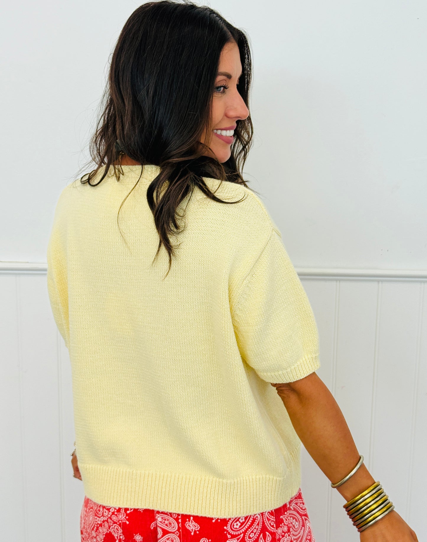 Light Yellow Short Sleeve Sweater Cardi Top (Reg.)