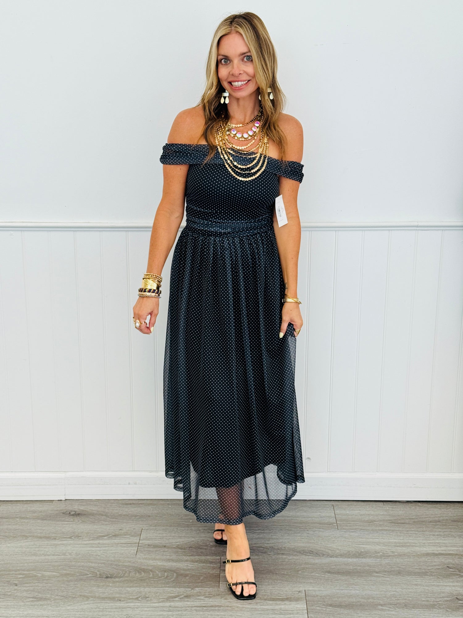Black/Ivory Polka Dot Strapless Maxi Dress (Reg & Plus)  Walker Rose  Boutique