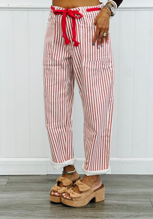 Striped Grommet Waist Denim Barrel Pants (Reg.)-2 Colors