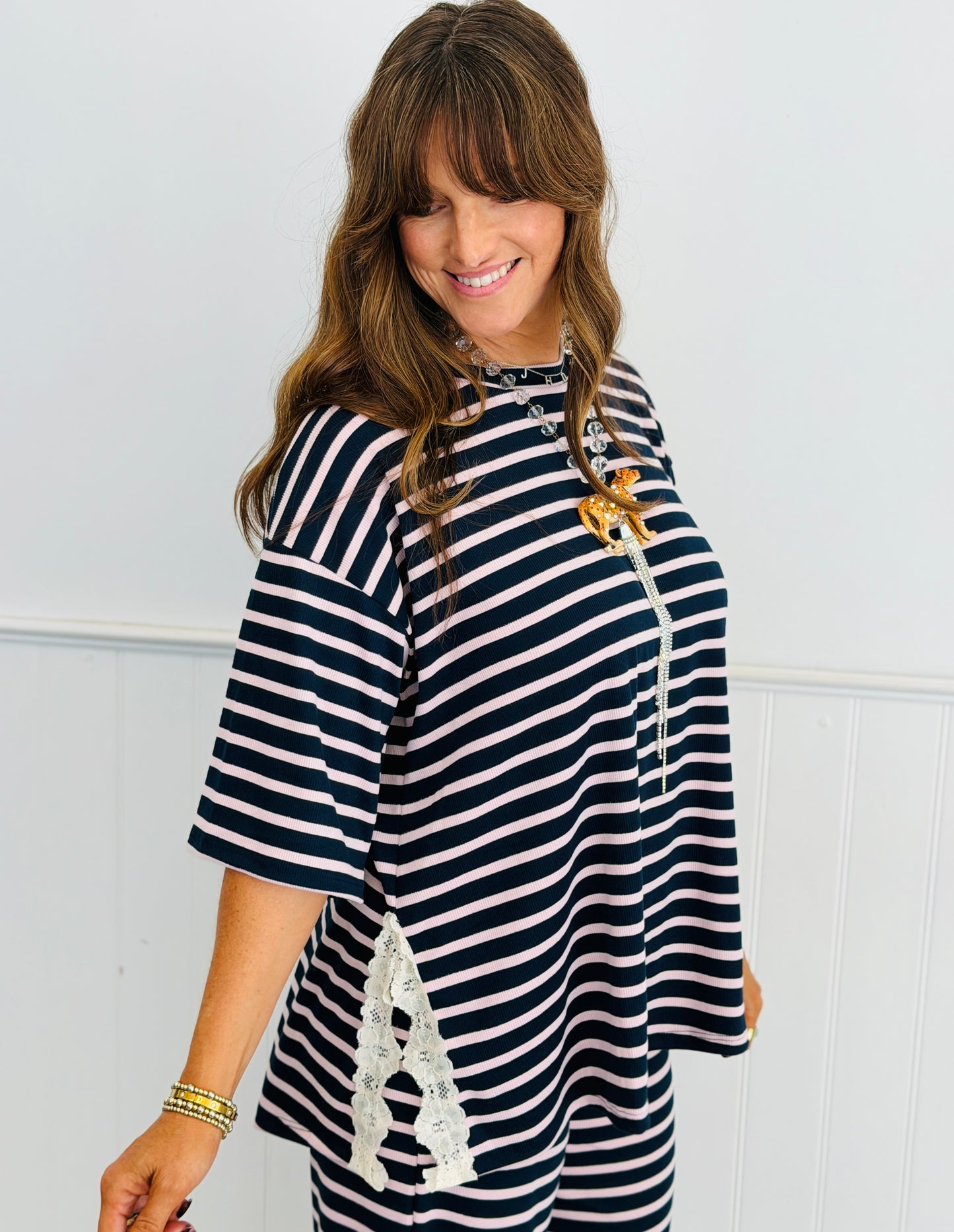 Striped Lace Side Slit Top (Reg. and Plus) - 6 Colors