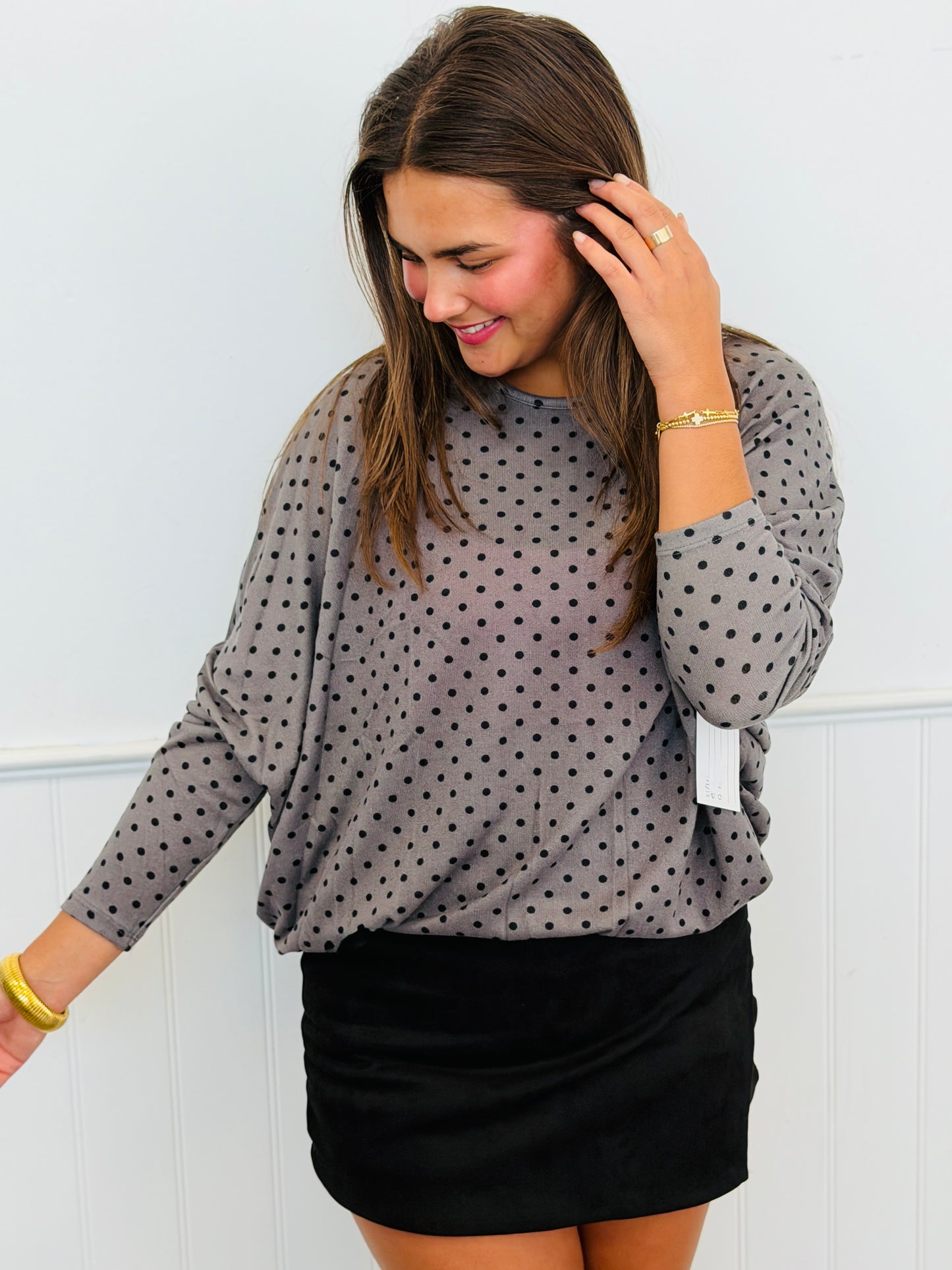 Grey Polka Dot Pullover Top (Reg & Plus)