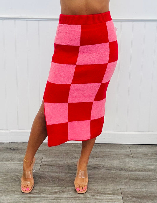 Red/Pink Checkered Knit Pencil Midi Skirt (Reg. and Plus)
