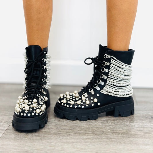 Black Stone Cold Confidence Pearl Combat Boots