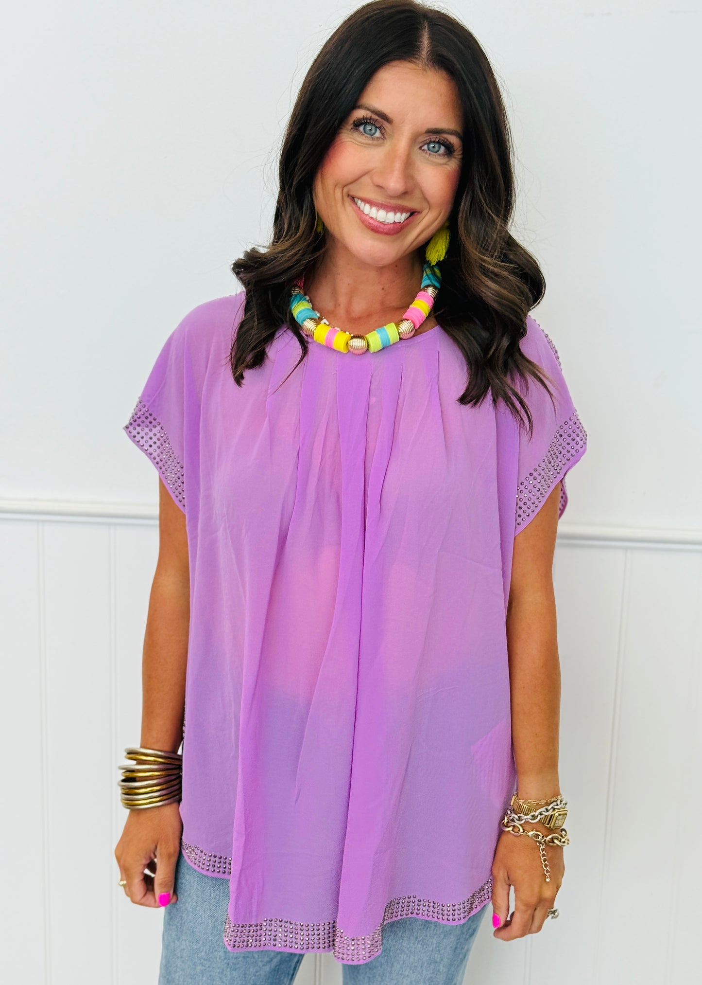 Semi Sheer Rhinestone Top (Reg. and Plus)-4 Colors