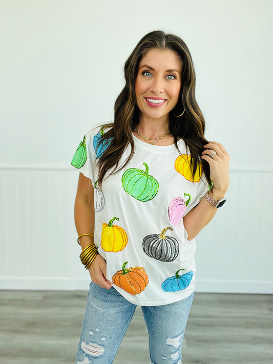 Queen Of Sparkles White Sequin Pumpkin Tee (Reg. and Plus)