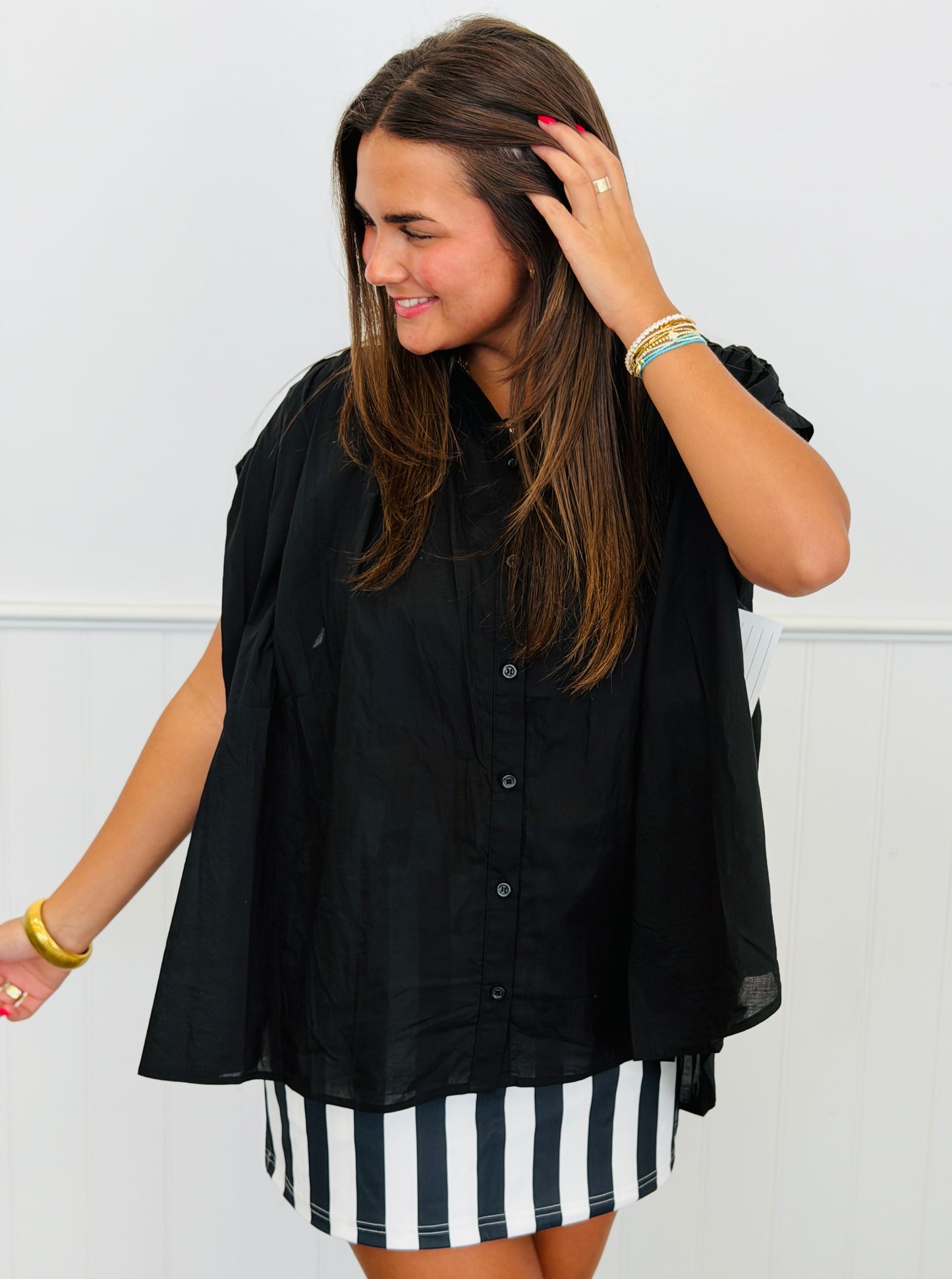 Black Shirred Cap Sleeve Cotton Blouse (Reg & Plus)
