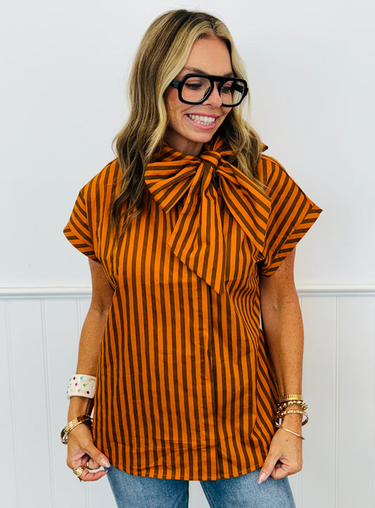 Brown Stripe Tie Bow Neck Blouse (Reg.)