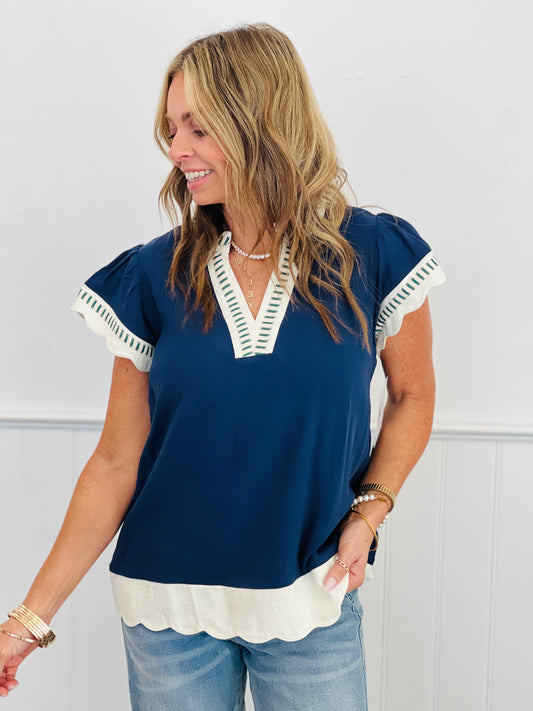 Navy Contrast Scallop Trim Blouse (Reg & Plus)