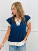 Navy Contrast Scallop Trim Blouse (Reg & Plus)
