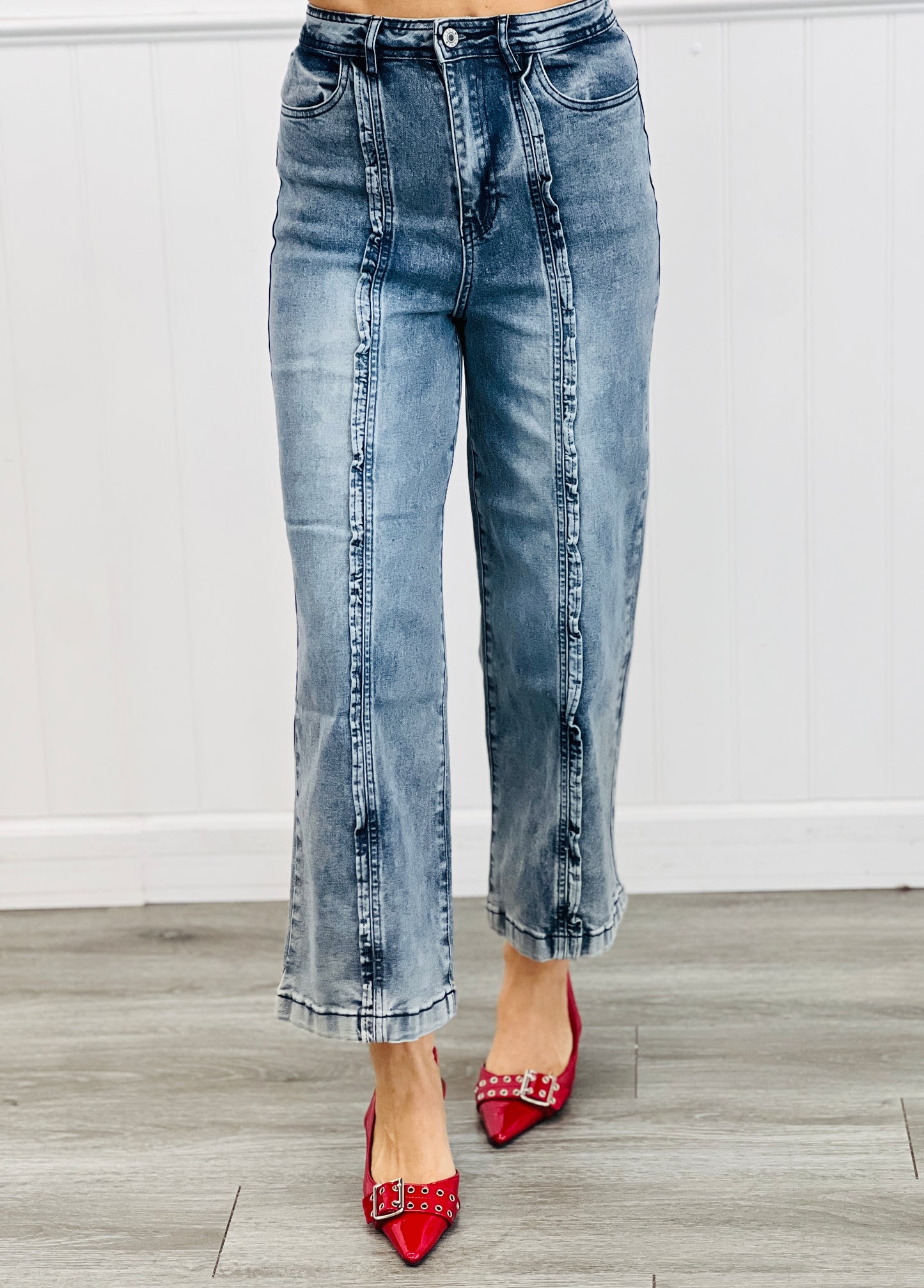 Denim Ruffle Trim High Waist Pants (Reg. and Plus)