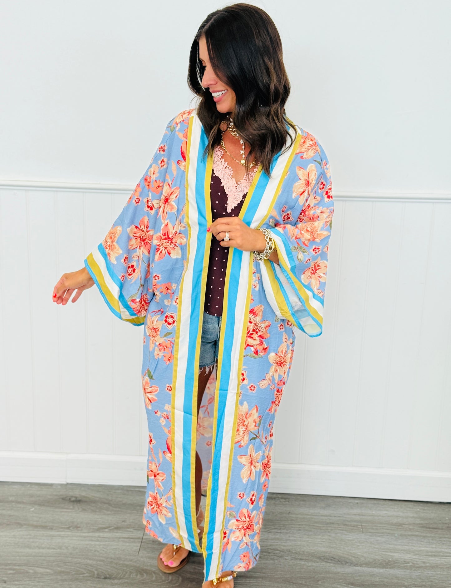 Lt. Blue Multi Floral Printed Kimono Cardigan (Reg. & Plus)