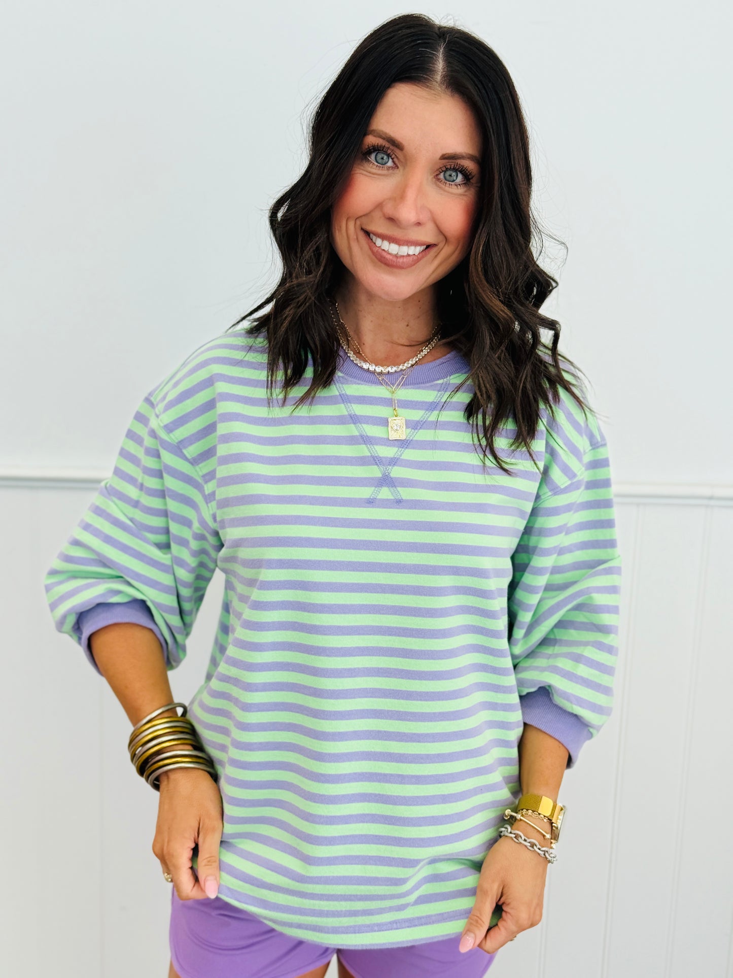 Striped Cross V Stitch Pullover Top (Reg.)-3 Colors