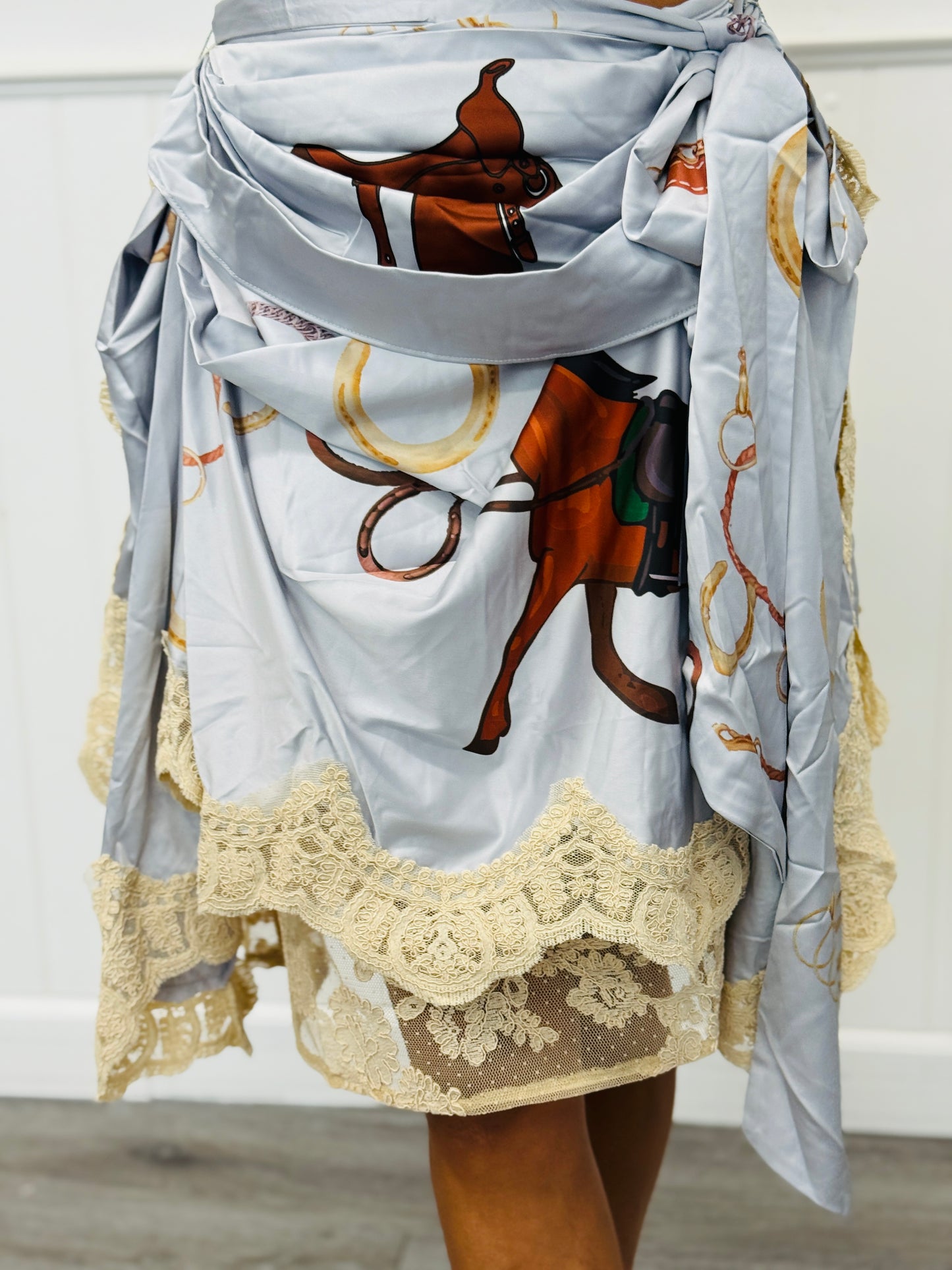 Baby Blue Western Print Lace Trim Midi Skirt (Reg.)