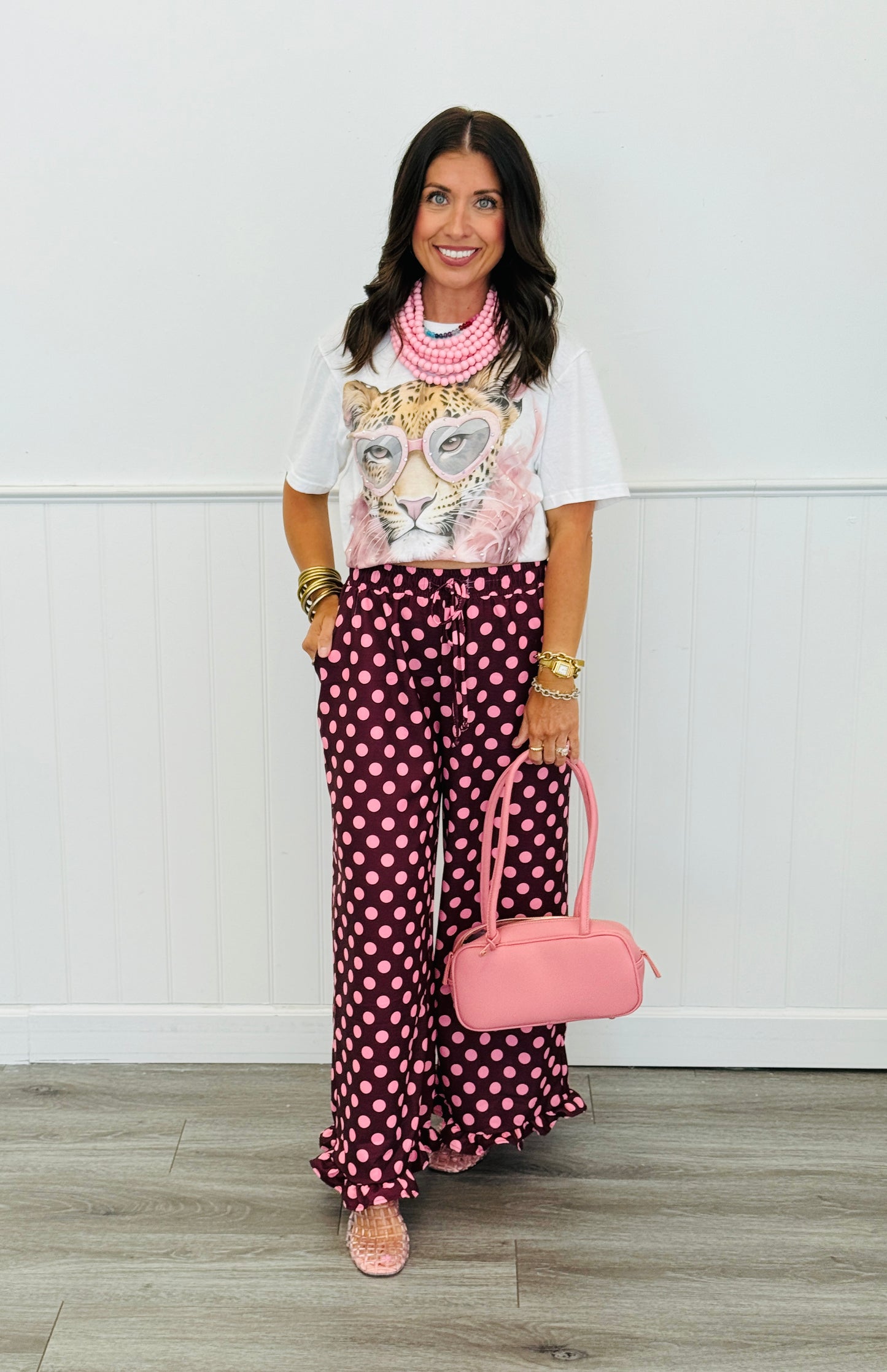 Burgundy/Pink Polka Dot Ruffle Hem Pants (Reg. and Plus)