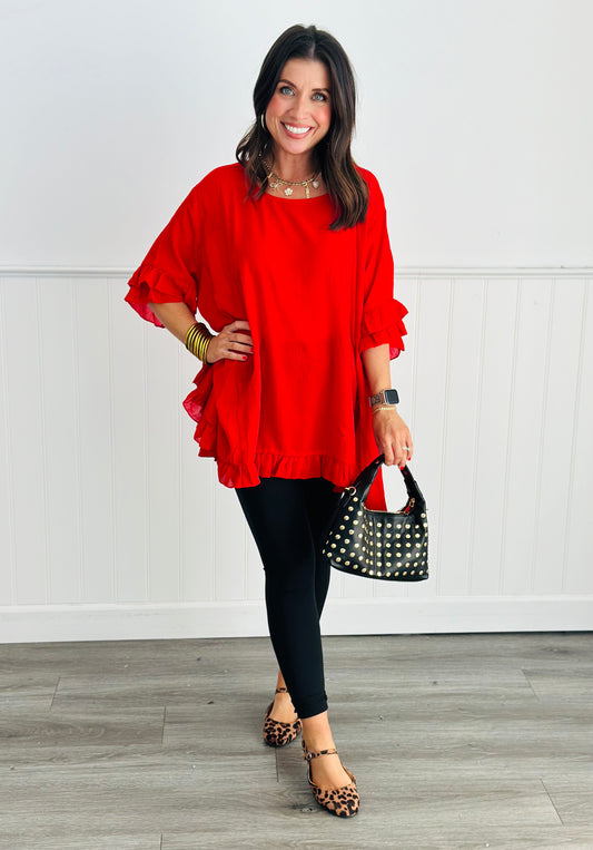 Red Asymmetric Action Blouse (One Size & Plus)