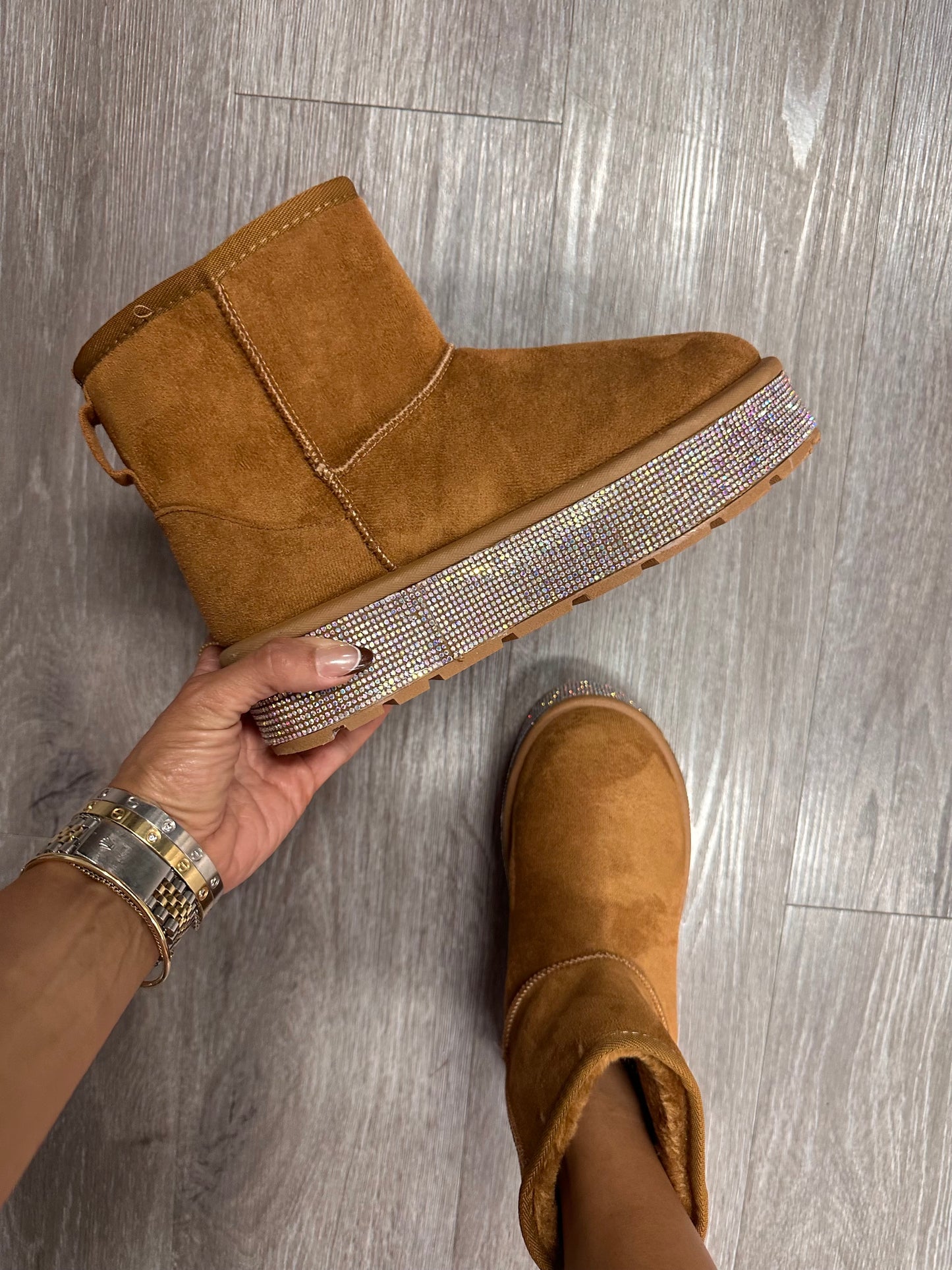 Tan Sparkle In The Snow Rhinestone Booties