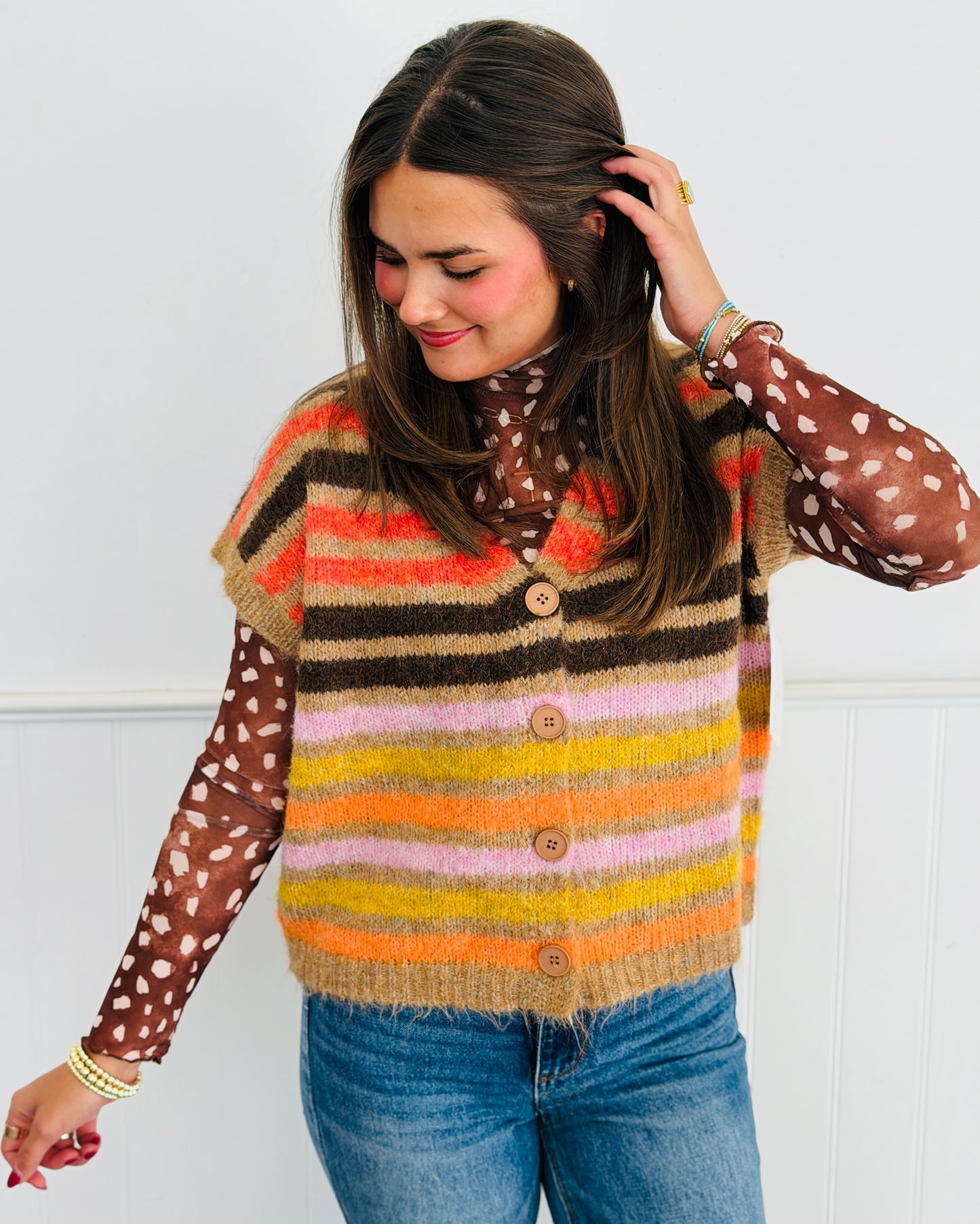 Taupe/Orange Stripe V-Neck Sweater Vest (Reg & Plus)