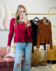 Pearl Detail Neckline Long Sleeve Top (Reg.) - 3 Colors