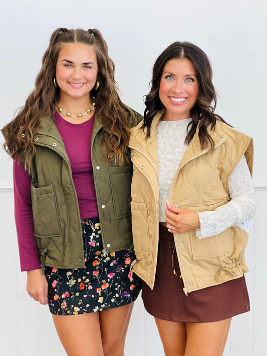 Quilted Zip & Snap Padded Vest (Reg.)-2 Colors