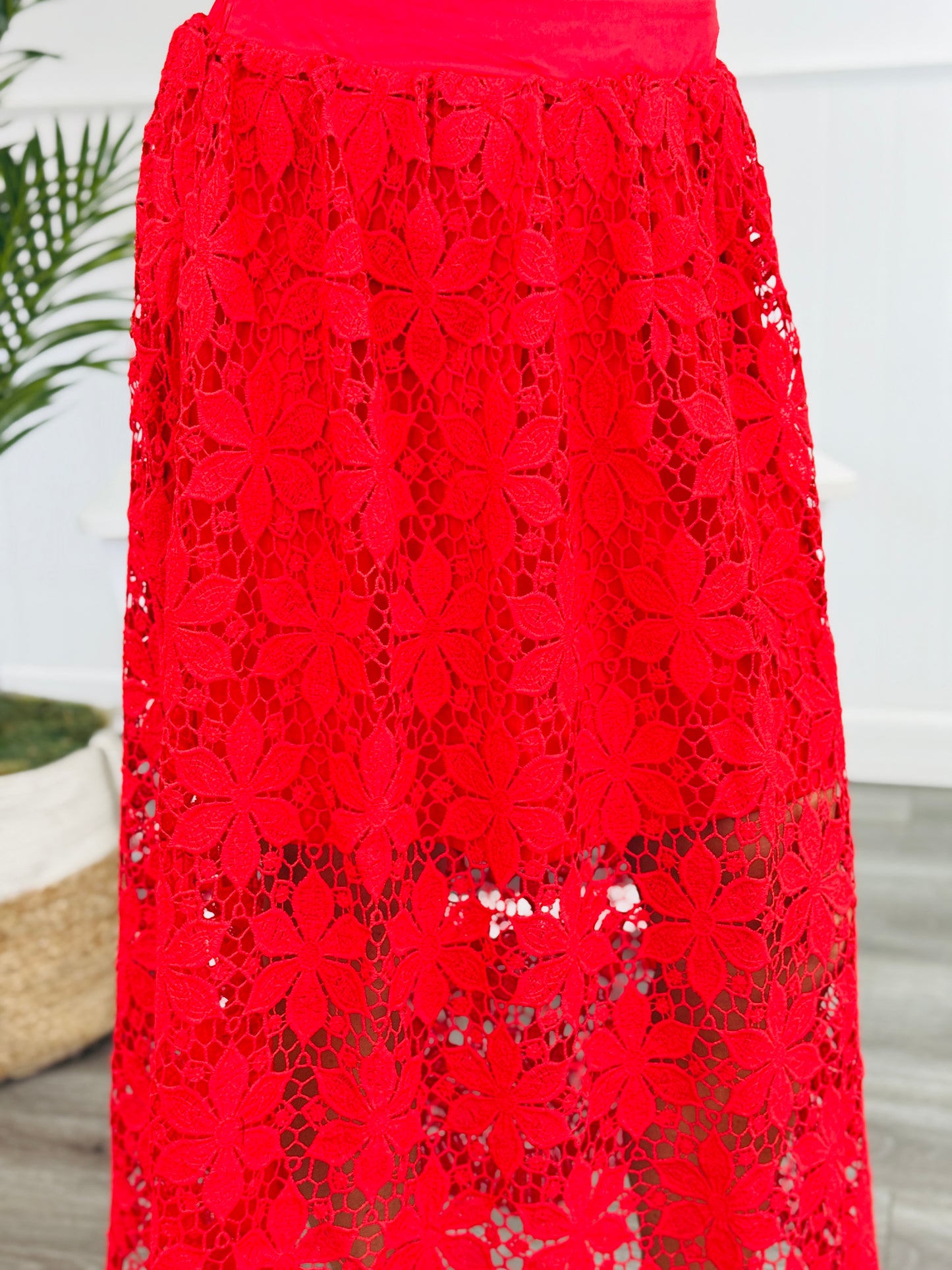 Tomato Red Lace Scalloped Midi Skirt (Reg.)