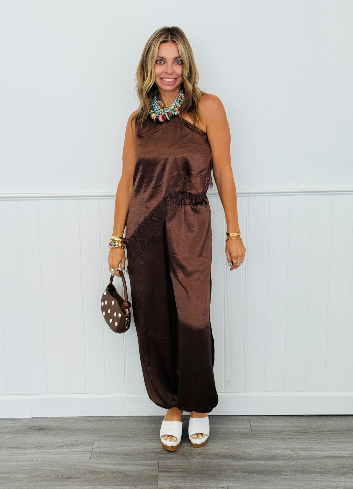 Brown Satin One Shoulder Top & Pants Set (Reg.)