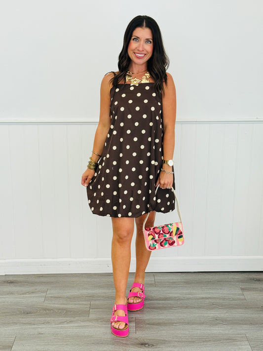 Brown Polka Dot Bubble Hem Mini Dress (Reg.)