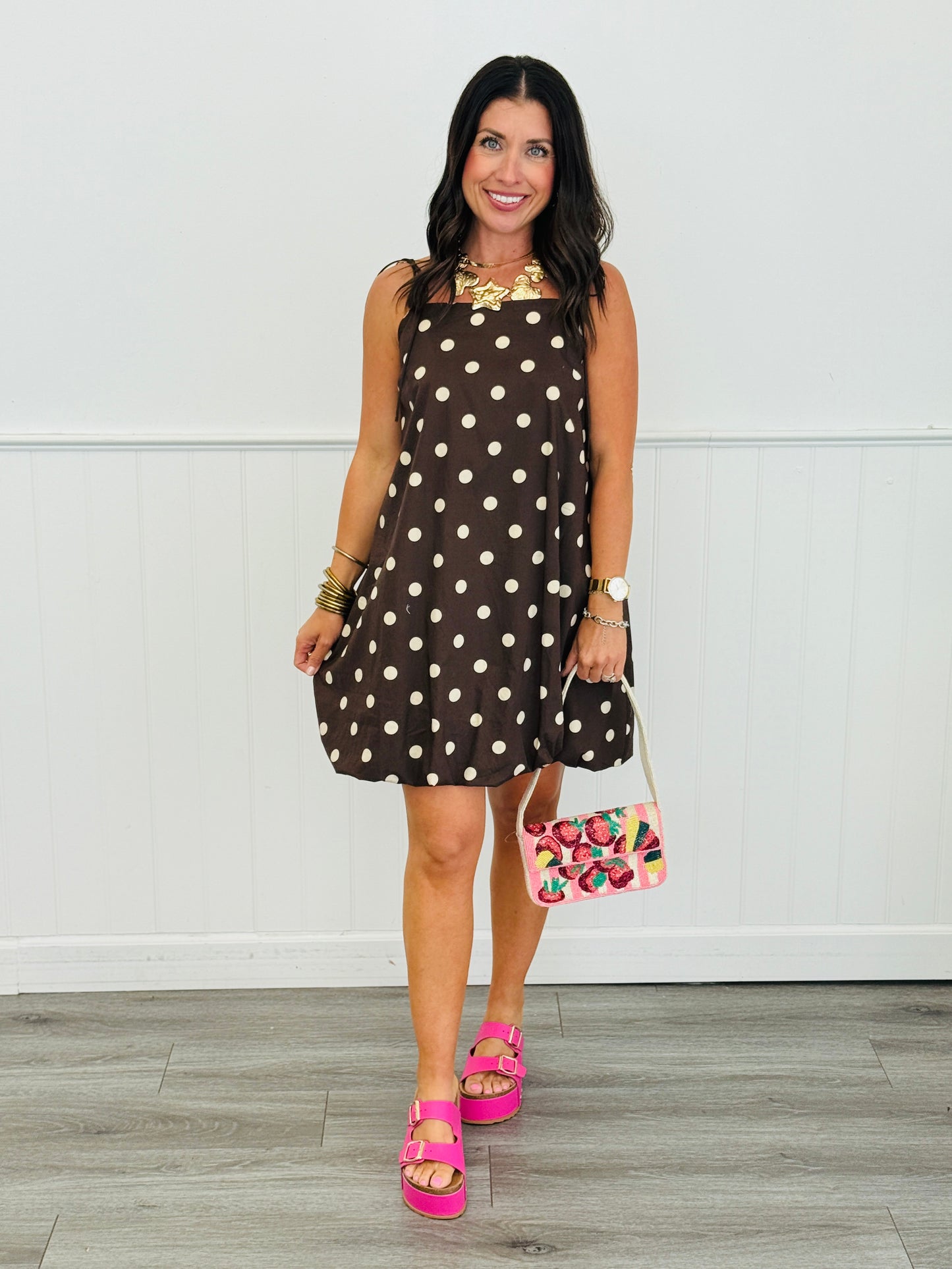 Brown Polka Dot Bubble Hem Mini Dress (Reg.)