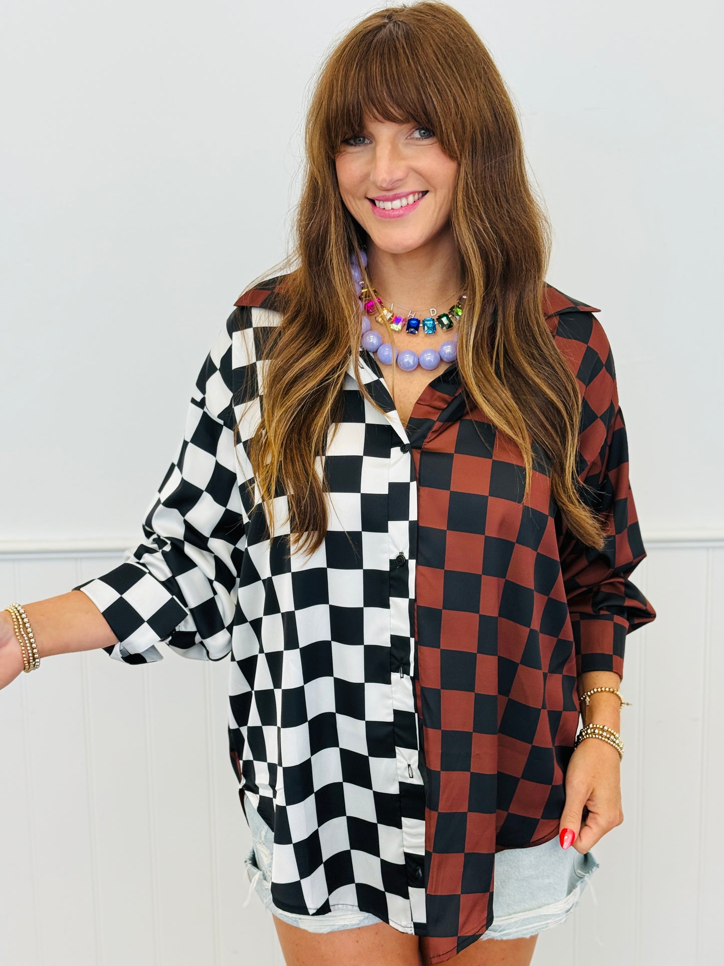 Mocha/Black Split Decision Checkered Blouse (Reg. and Plus)