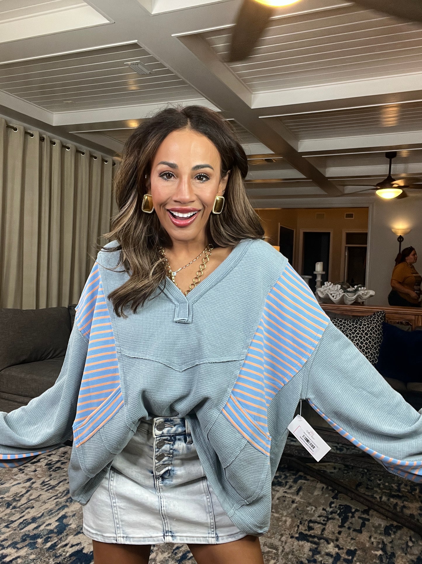 POL Blue Multi Long Sleeve Top