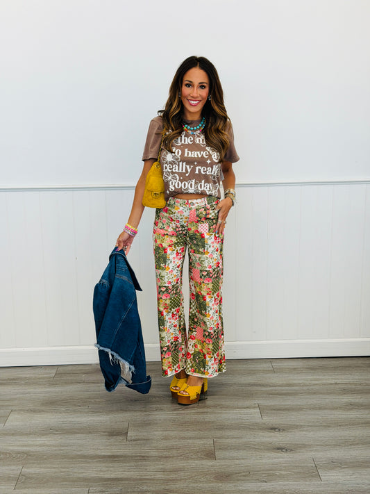 Olive Patchwork Print Wide Leg Pants (Reg.)
